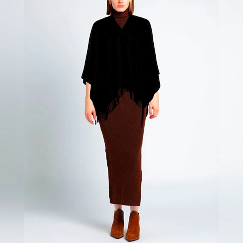New York & Company | Open Front Sweater Cape Fringe | Black | One Size